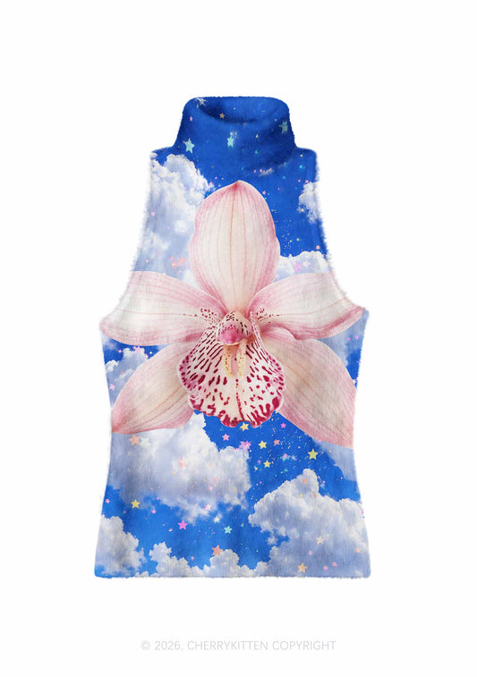 Pink Orchid Blue Sky Y2K Knit Turtleneck Tank Top Cherrykitten
