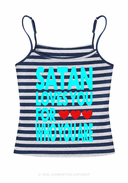 Satan Loves You Y2K Navy Grey Striped Spaghetti Strap Cami Cherrykitten