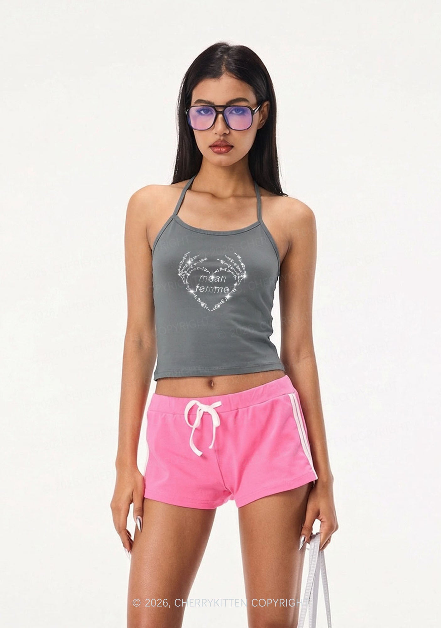 Rhinestone Mean Femme Skeleton Heart Pride Y2K Halter Neck Cami Cherrykitten