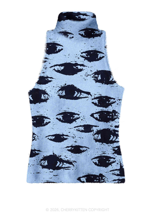 Eyes In The Blue Y2K Knit Turtleneck Tank Top Cherrykitten