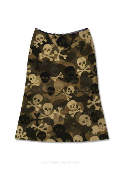 Halloween Camouflage Skulls Y2K Print Midi Skirt Cherrykitten