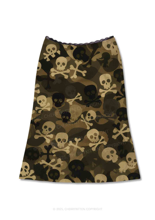 Halloween Camouflage Skulls Y2K Print Midi Skirt Cherrykitten