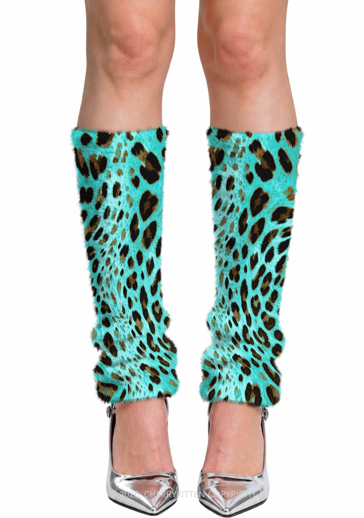 Mint Blue Leopard Y2K Print Fuzzy Straight Leg Warmers Cherrykitten