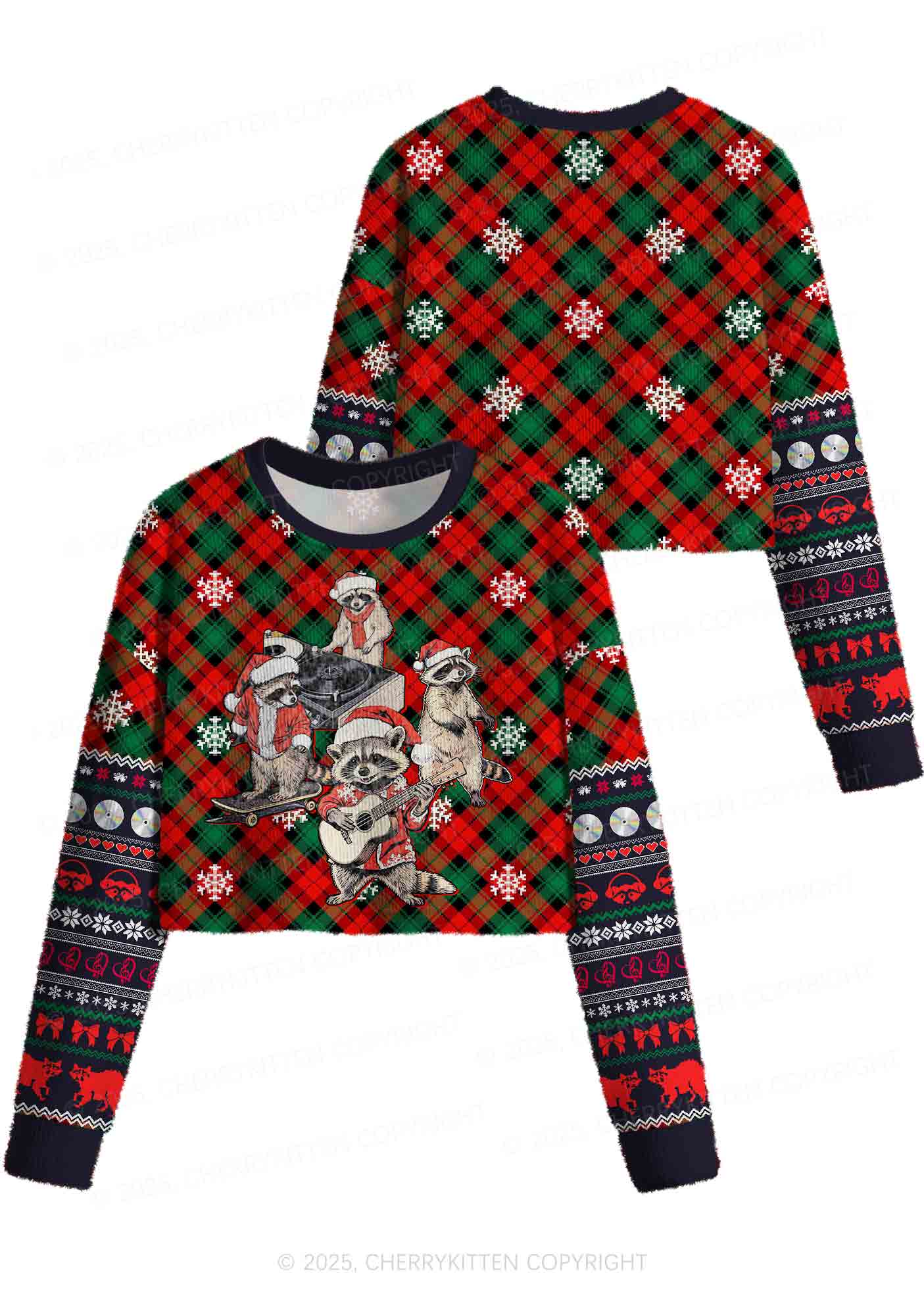 Raccoon Concert Y2K Christmas Crop Knit Sweatshirt Cherrykitten