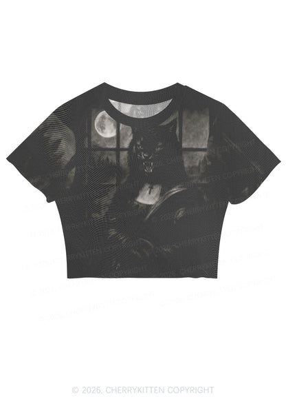 Halloween Moon Night Werewolf Y2K Mesh Crop Top Cherrykitten