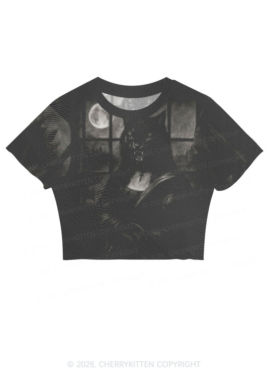 Halloween Moon Night Werewolf Y2K Mesh Crop Top Cherrykitten