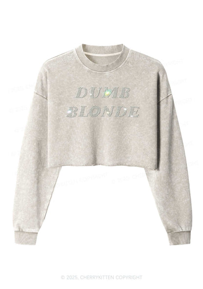 Rhinestone Dumb Blonde Y2K Crop Washed Sweatshirts Cherrykitten
