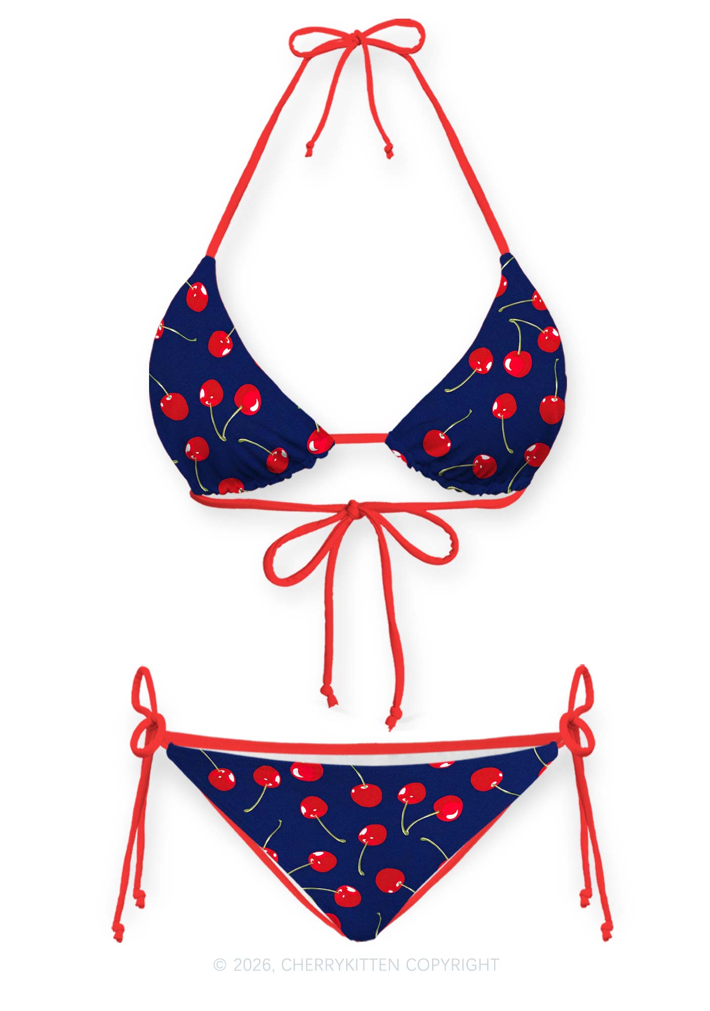Cherry On Dark Blue Y2K Print Bikini Set Cherrykitten