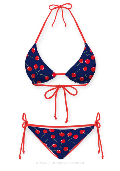 Cherry On Dark Blue Y2K Print Bikini Set Cherrykitten