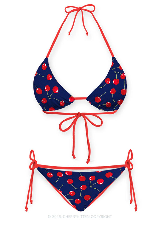 Cherry On Dark Blue Y2K Print Bikini Set Cherrykitten
