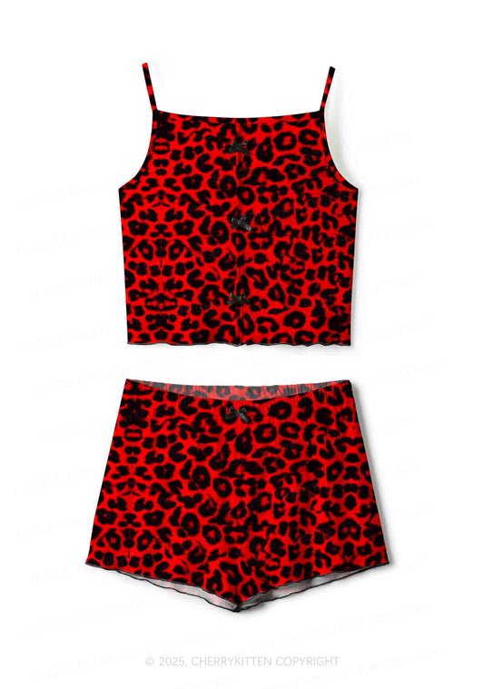 Red Leopard Y2K Print Cami Shorts Pajama Set Cherrykitten