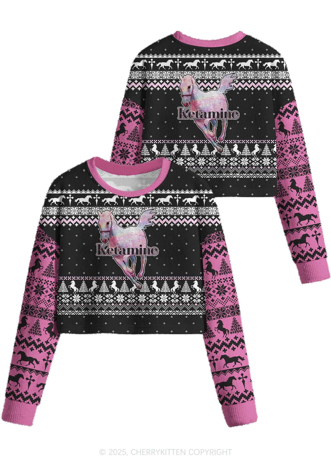 Pink Horse Y2K Christmas Crop Knit Sweatshirt Cherrykitten