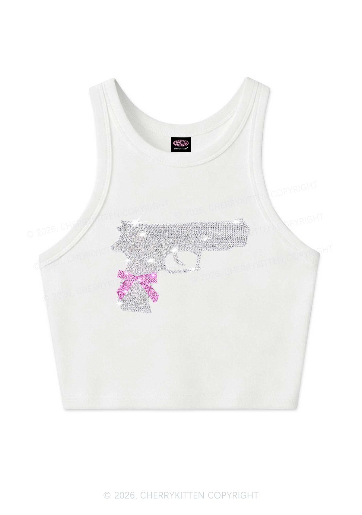 Rhinestone Pink Bow Weapon Y2K Crop Tank Top Cherrykitten