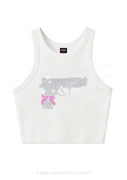 Rhinestone Pink Bow Weapon Y2K Crop Tank Top Cherrykitten