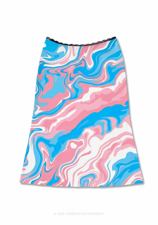 Trans Liquid Tie Dye Pride Y2K Print Midi Skirt Cherrykitten