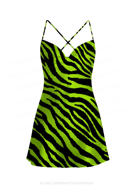 Green Zebra Y2K Print Satin Cowl Neck Slip Dress Cherrykitten