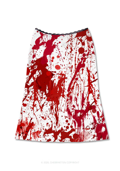 Halloween Red Blood On White Y2K Print Midi Skirt Cherrykitten