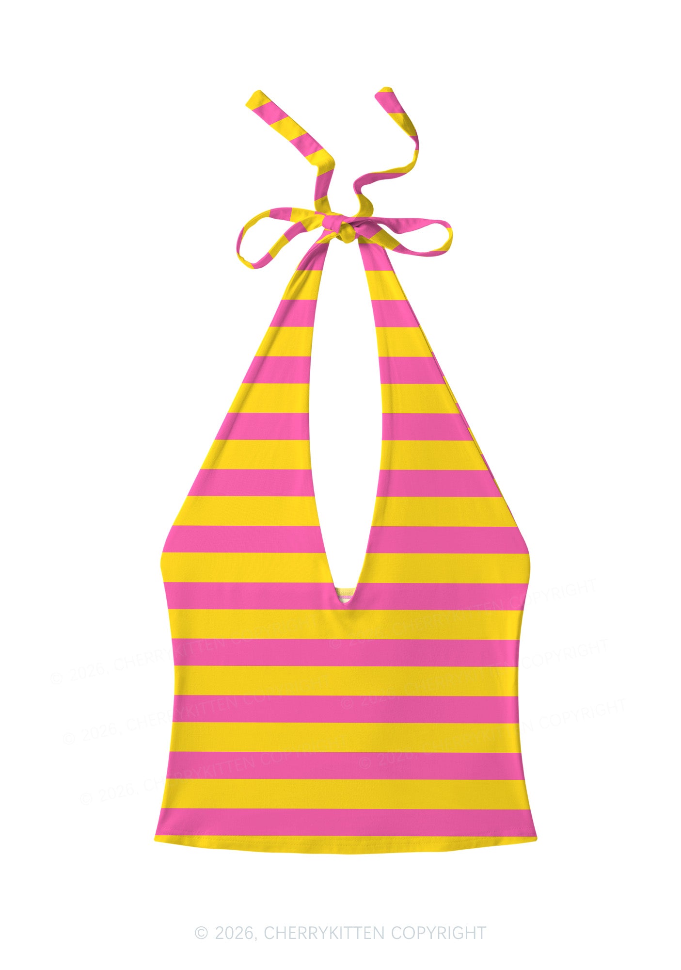Pink And Yellow Stripes Y2K Print Halter Deep V Neck Cami Cherrykitten