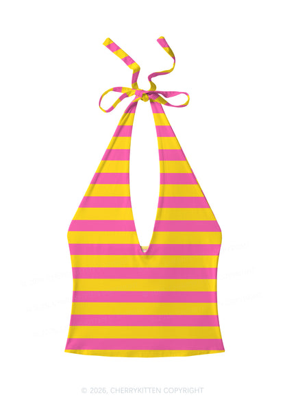 Pink And Yellow Stripes Y2K Print Halter Deep V Neck Cami Cherrykitten