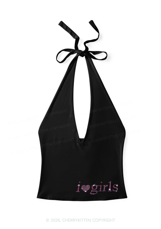 Rhinestone I Love Girls Y2K Halter Deep V Neck Cami Cherrykitten