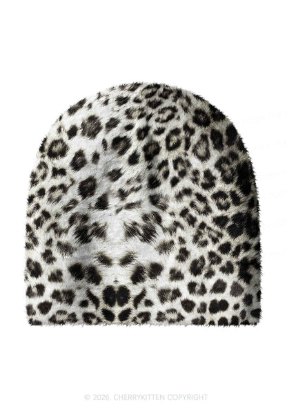 Snow Leopard Y2K Print Knit Beanie Cherrykitten