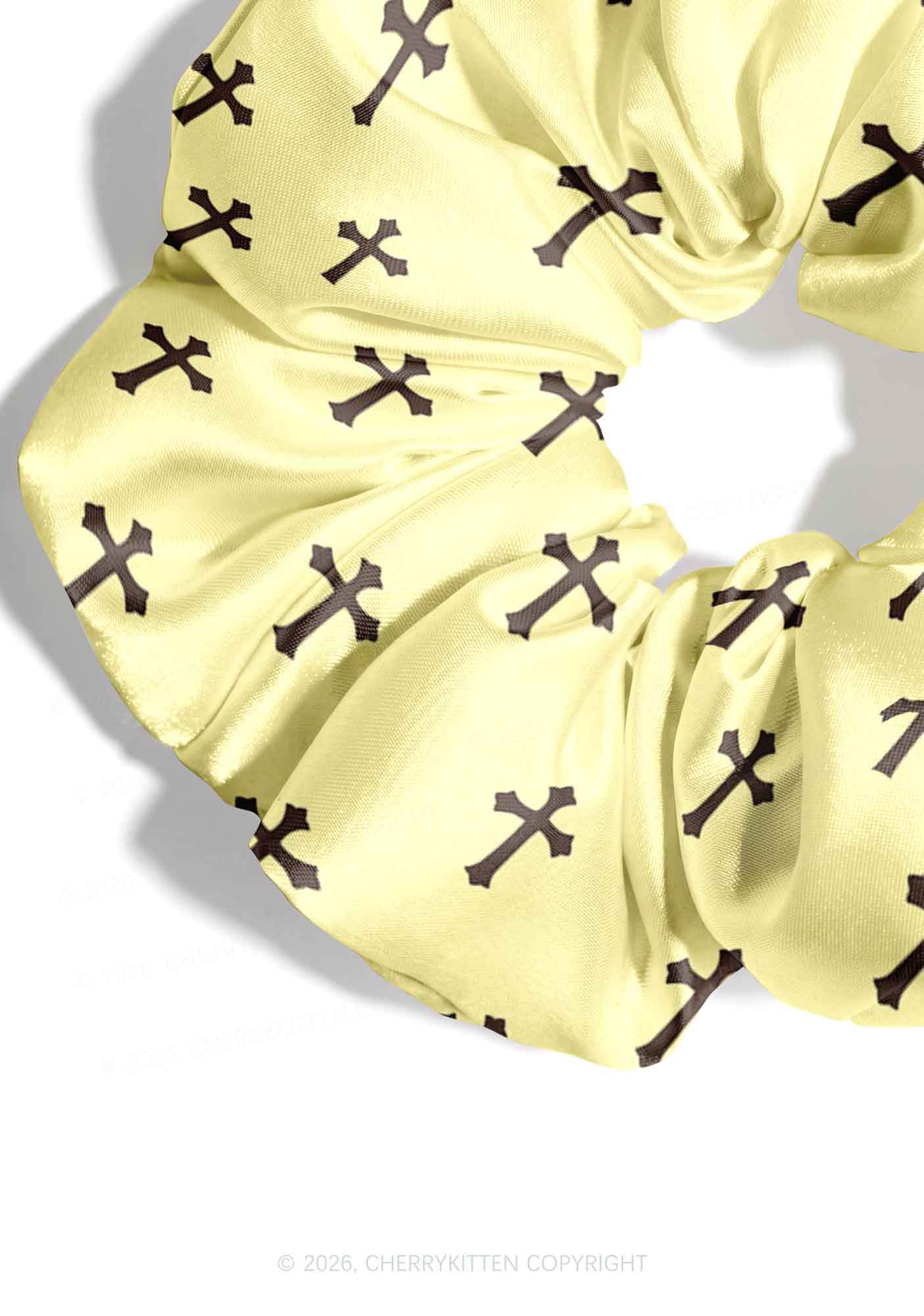Brown Cross On Yellow Y2K Hair Scrunchie Cherrykitten