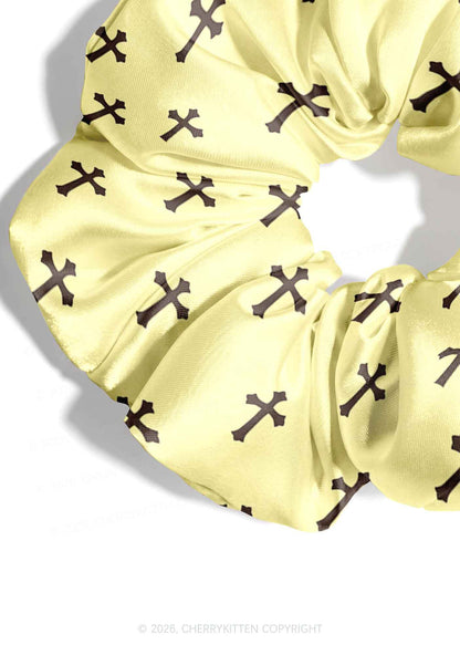 Brown Cross On Yellow Y2K Hair Scrunchie Cherrykitten