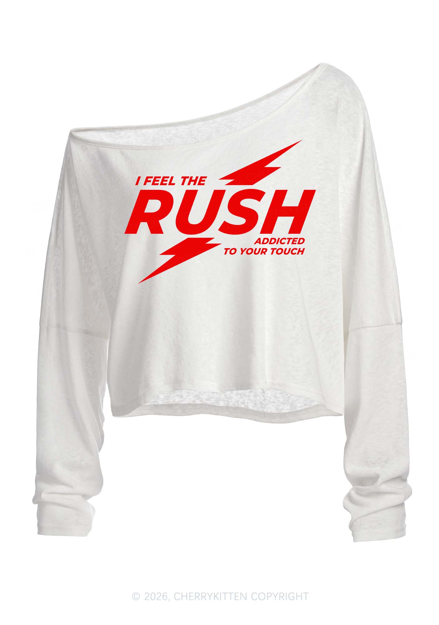 I Feel The Rush Y2K Off Shoulder Long Sleeve Crop Top Cherrykitten