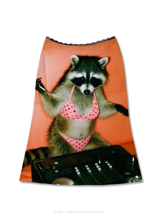 Bikini DJ Raccoon Y2K Print Midi Skirt Cherrykitten