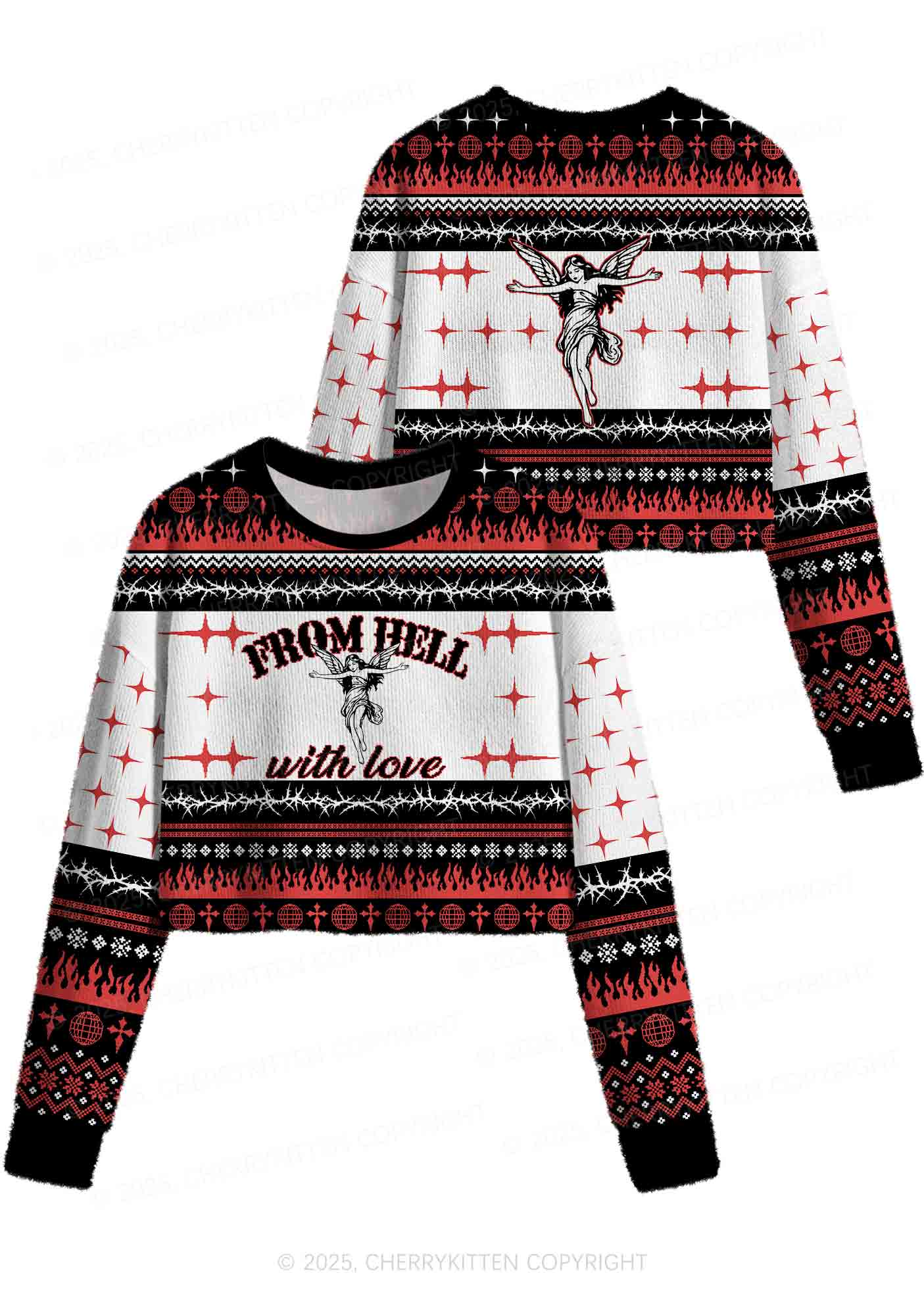 From Hell With Love Y2K Christmas Crop Knit Sweatshirt Cherrykitten