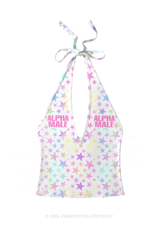 Pastel Star Alpha Male Y2K Print Halter Deep V Neck Cami Cherrykitten