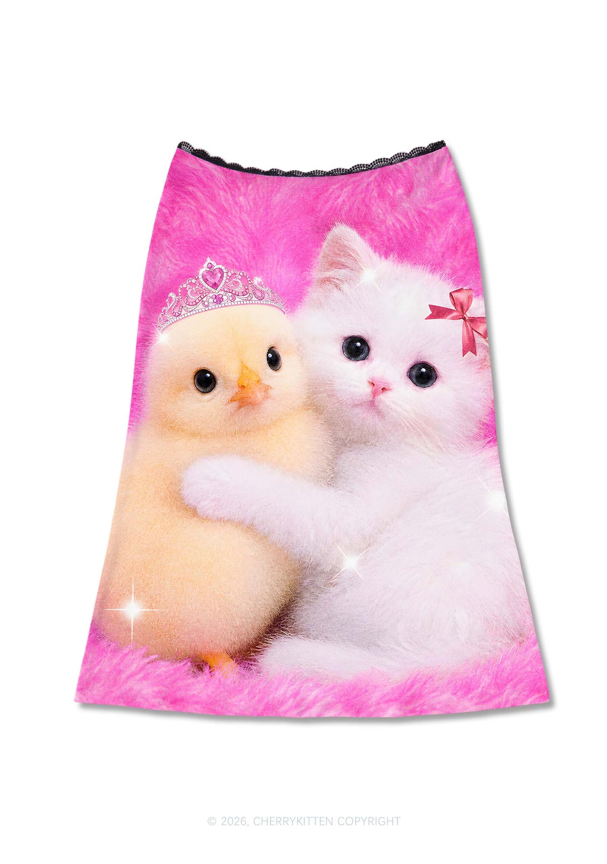Kitten Hugging Chick Y2K Print Midi Skirt Cherrykitten
