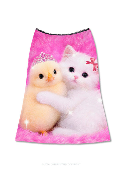 Kitten Hugging Chick Y2K Print Midi Skirt Cherrykitten