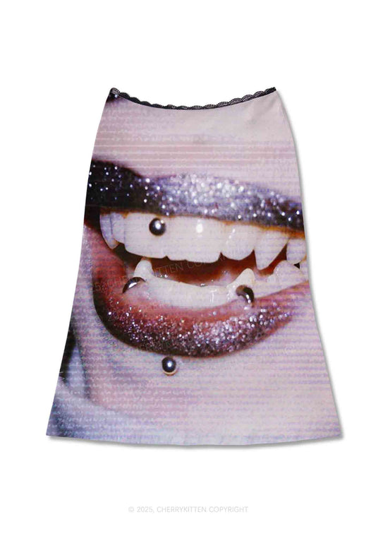 Halloween Punk Lips Y2K Print Midi Skirt Cherrykitten