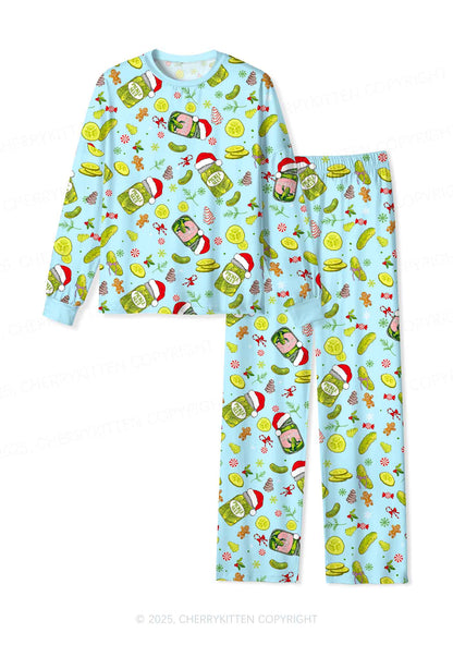 Christmas Green Santa Hat Pickle Y2K Print Long Sleeve Pajama Set Cherrykitten