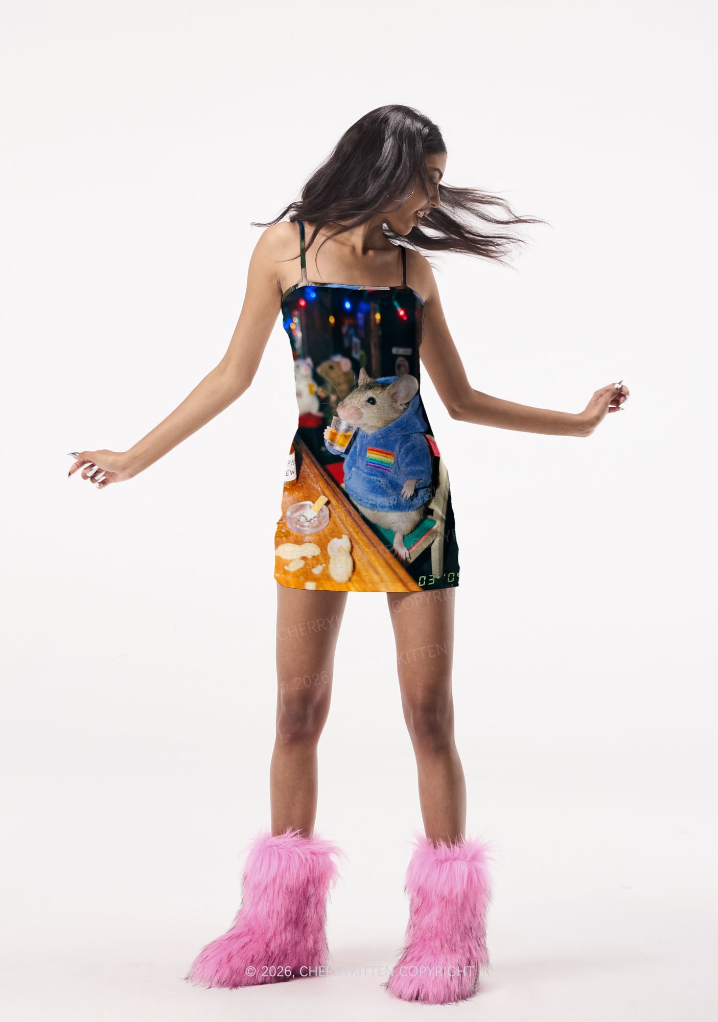 Blue Hoodie Rat Drinking Pride Y2K Print Slip Dress Cherrykitten