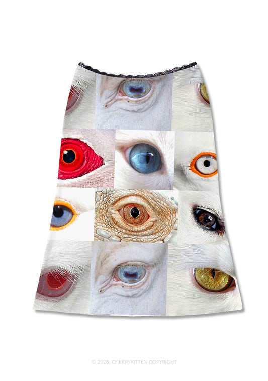 Multi Animal Eyes Collage Y2K Print Midi Skirt Cherrykitten
