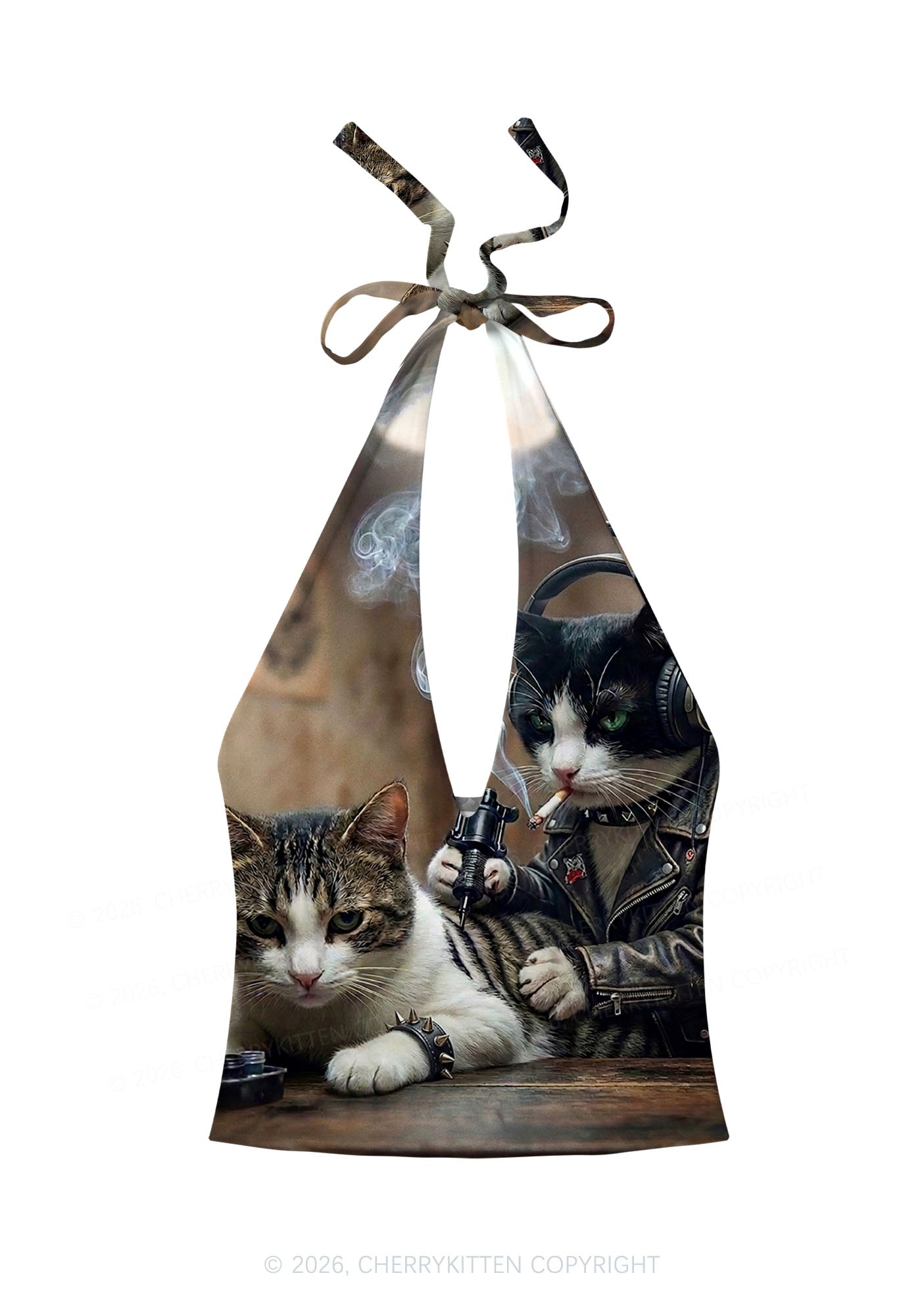 Smoking Cats Tattoo Scene Y2K Print Halter Deep V Neck Cami Cherrykitten