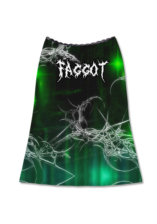 Green Gothic Faggot Pride Y2K Print Midi Skirt Cherrykitten