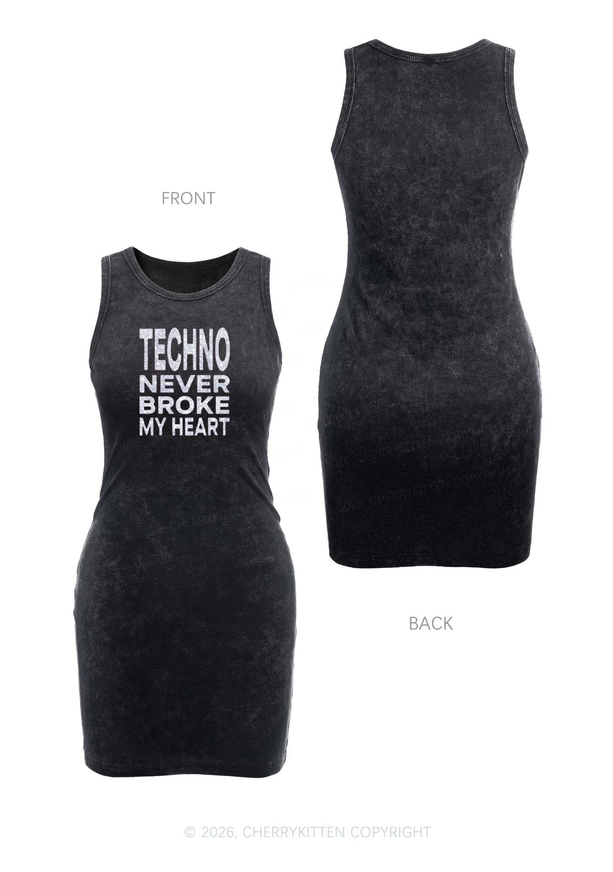 Glitter Techno Heart Y2K Washed Tank Dress Cherrykitten