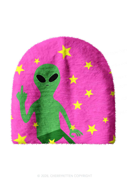 Green Alien On Pink Y2K Print Knit Beanie Cherrykitten