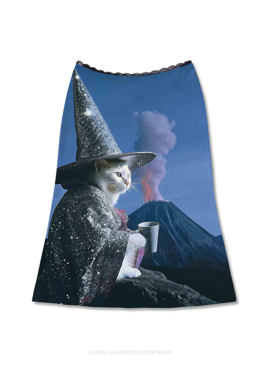 Magic Cat Y2K Print Midi Skirt Cherrykitten