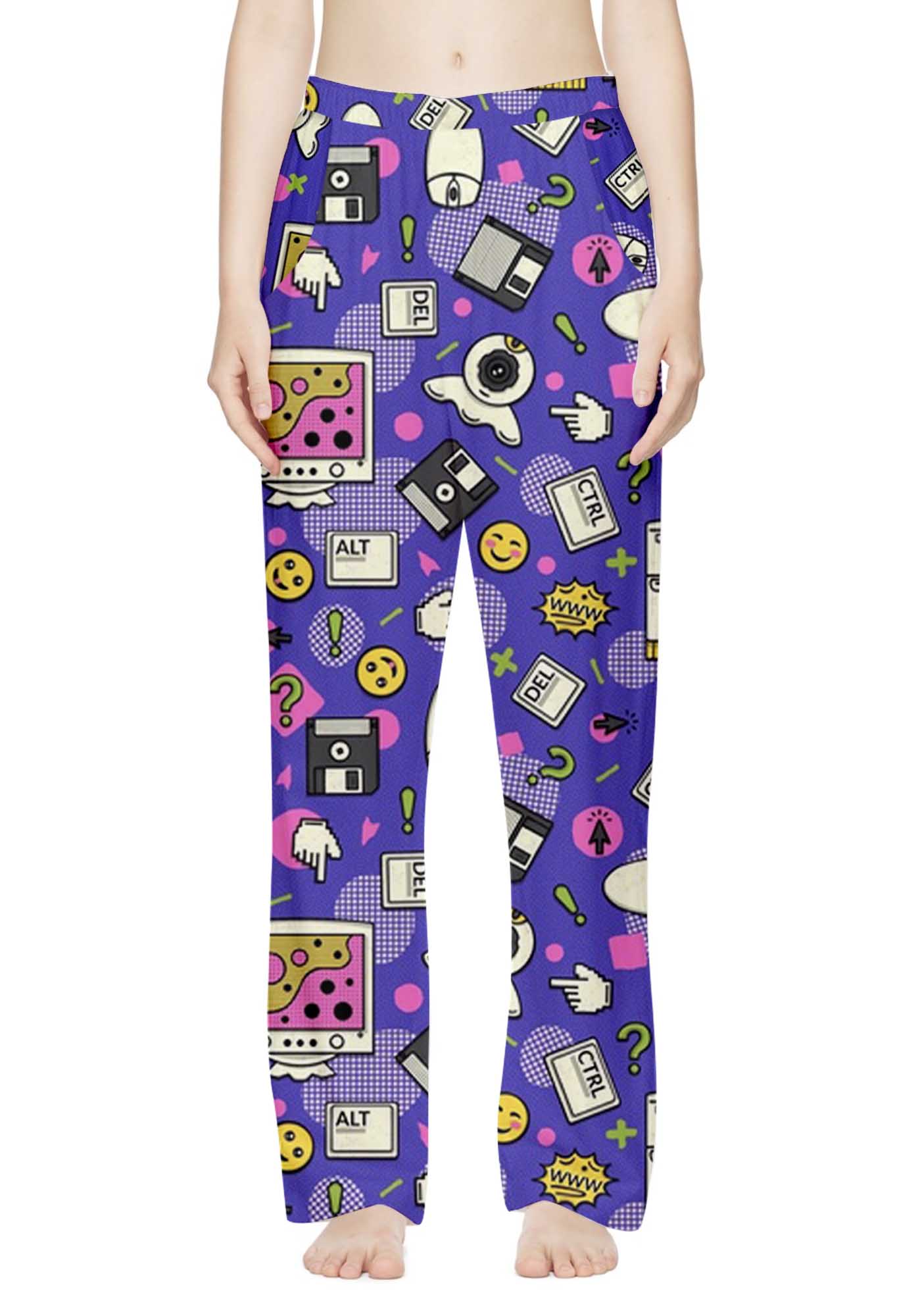 1990s Retro Computer Stickers Print Casual Pants