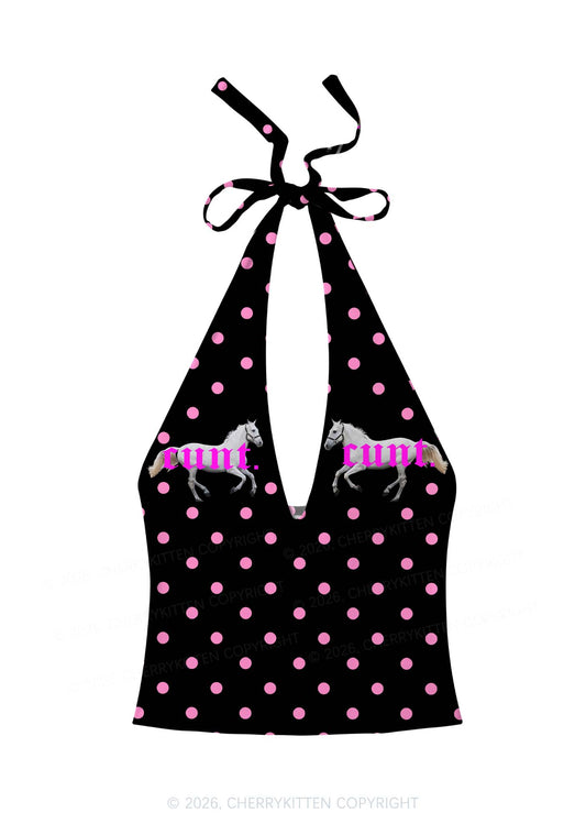 Pink Cxxt Horse Y2K Print Halter Deep V Neck Cami Cherrykitten