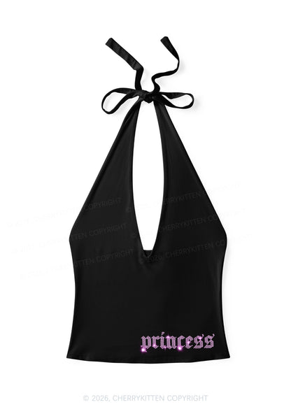 Rhinestone Princess Y2K Halter Deep V Neck Cami Cherrykitten
