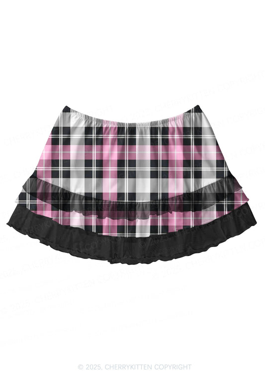 Pink And White Plaid Y2K Print Mini Layered Skirt Cherrykitten