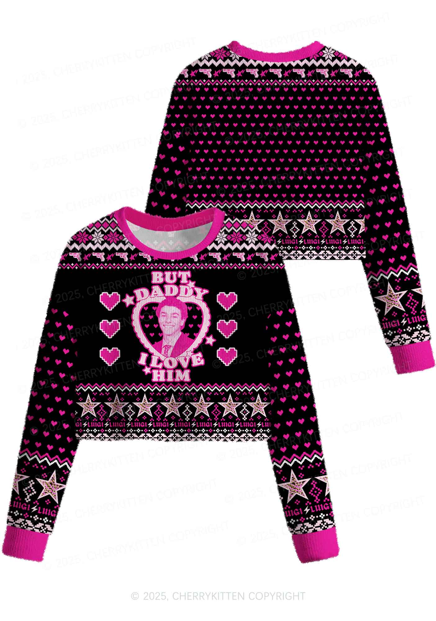 Daddy I Love Him Luigi Y2K Christmas Crop Knit Sweatshirt Cherrykitten