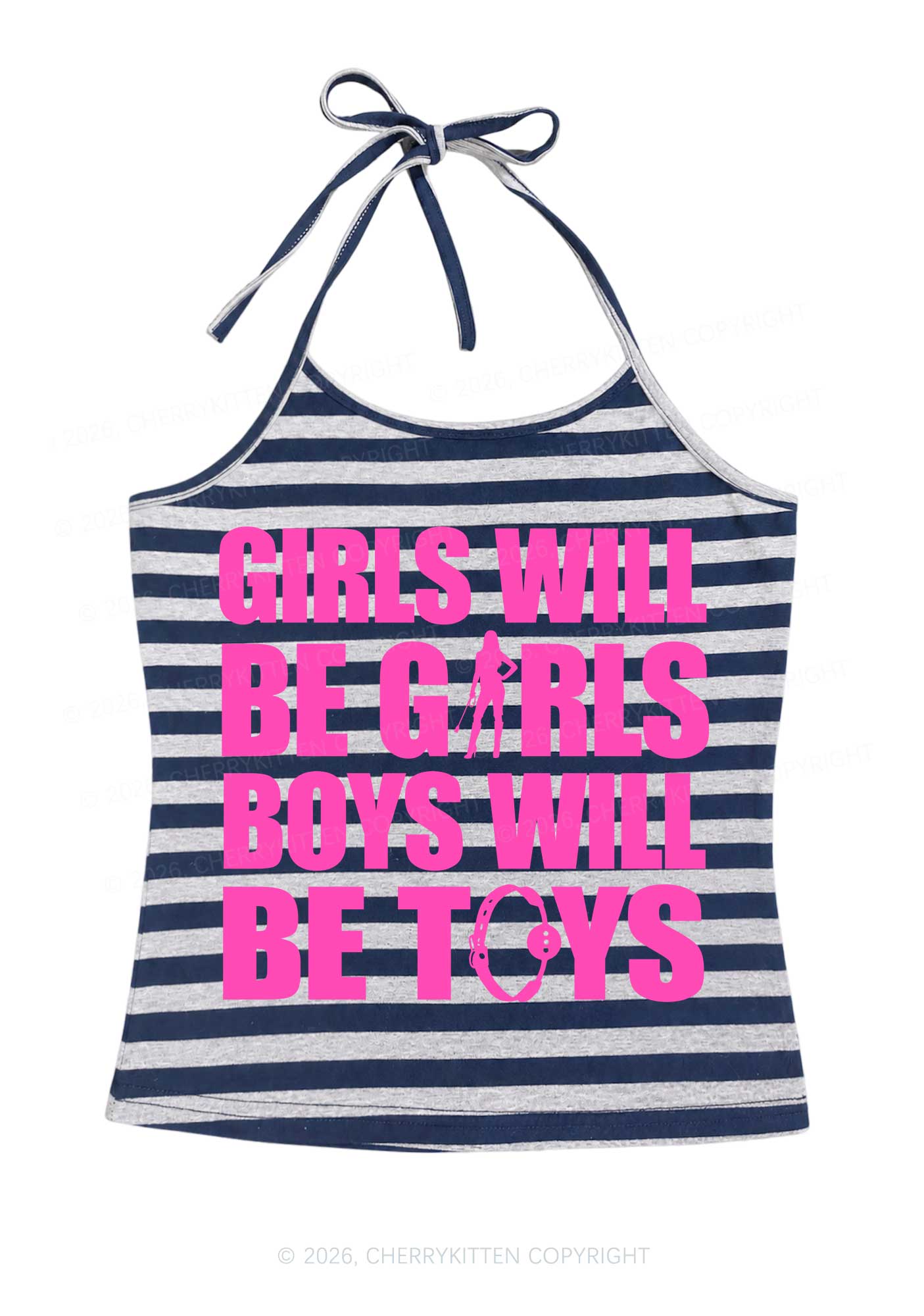 Girls Toys Y2K Navy Grey Striped Halter Neck Cami Cherrykitten