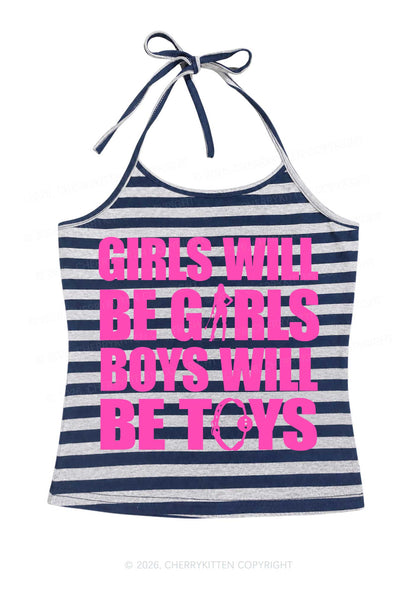 Girls Toys Y2K Navy Grey Striped Halter Neck Cami Cherrykitten