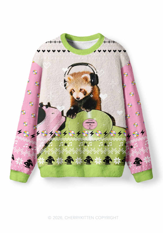 Red Panda DJ Y2K Christmas Knit Sweatshirt Cherrykitten